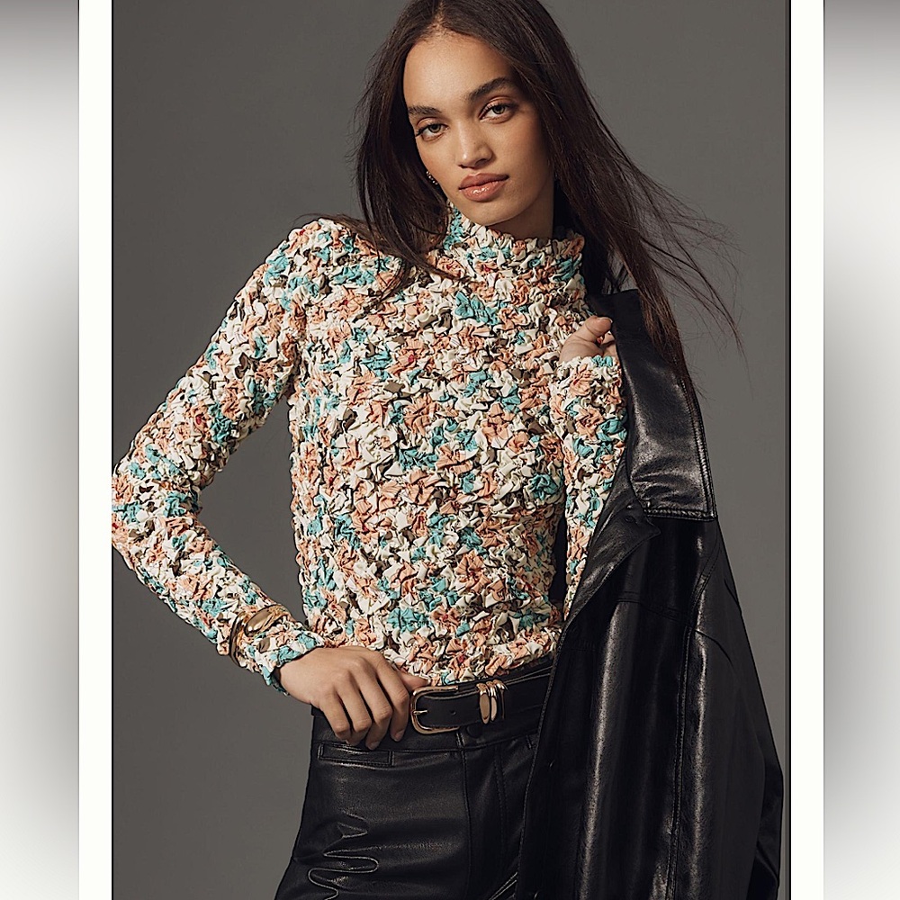 BNWT DOLAN by Anthropologie printed pebble-smocked turtleneck top in Sky